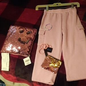 Girls 9pc Bundle George Pink Cargo Sweatpants 4T Sequin Accessories & Pillow